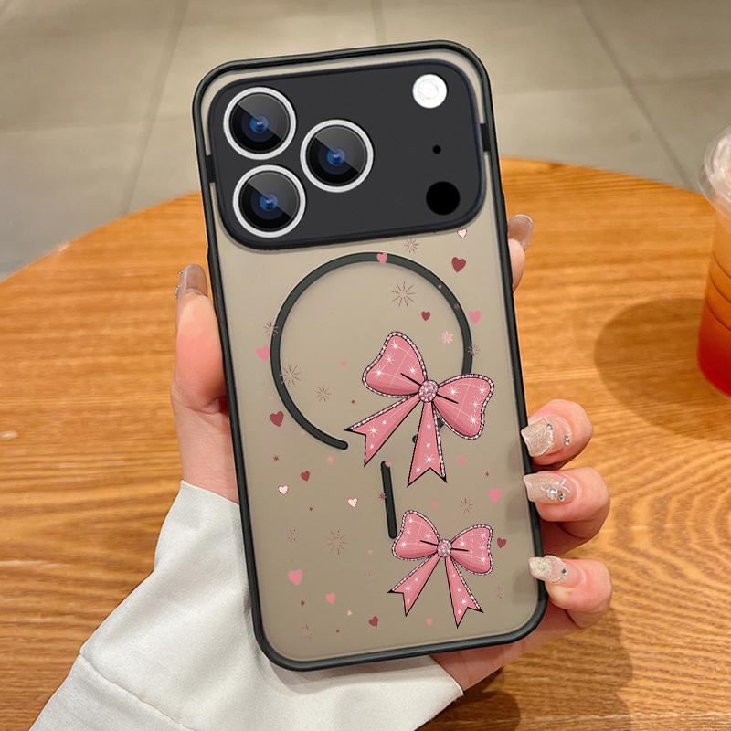 Pink Bow Pattern Magnetic Case For iPhone 17 17e 16e 16 15 Pro 14 13 Pro Max For Magsafe Translucent Matte Hard PC Phone Cover