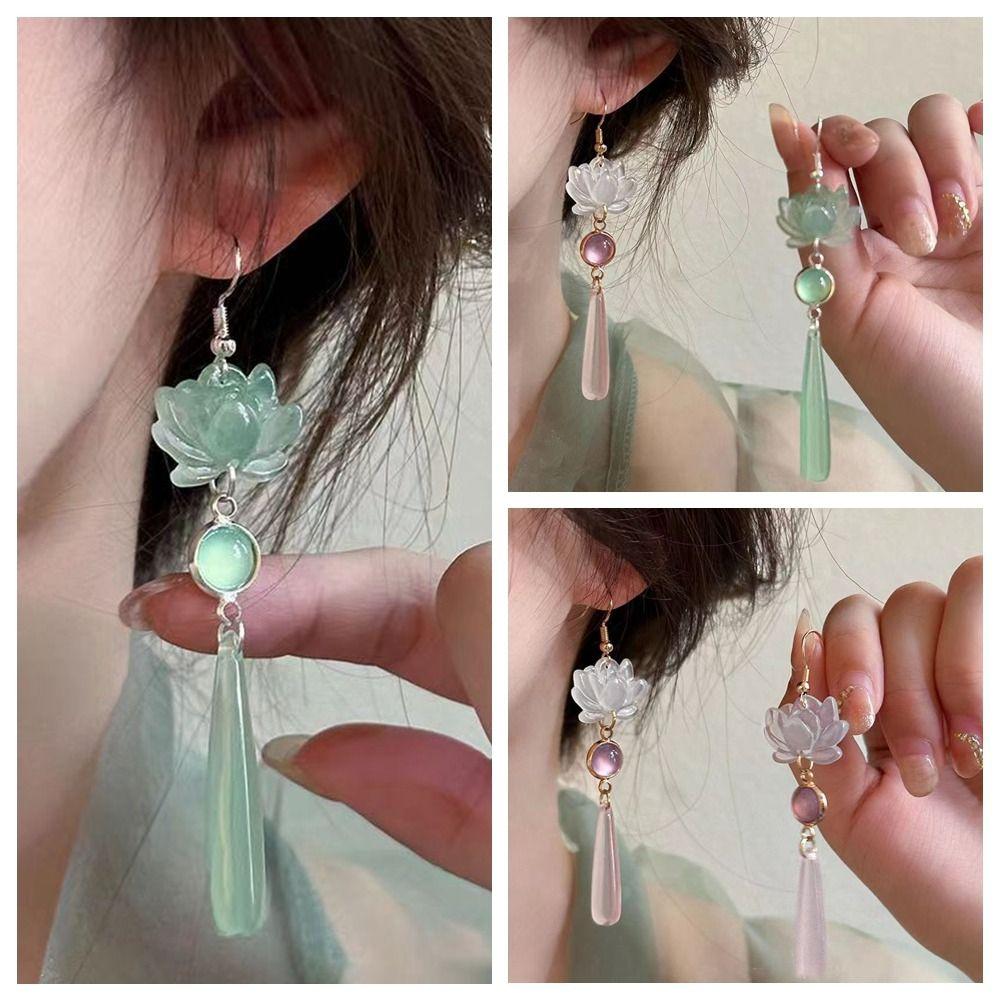 Простые китайские классические серьги Ретро серьги-капли воды с лотосом Серьги-подвески с лотосом Крючки для серег Ханфу