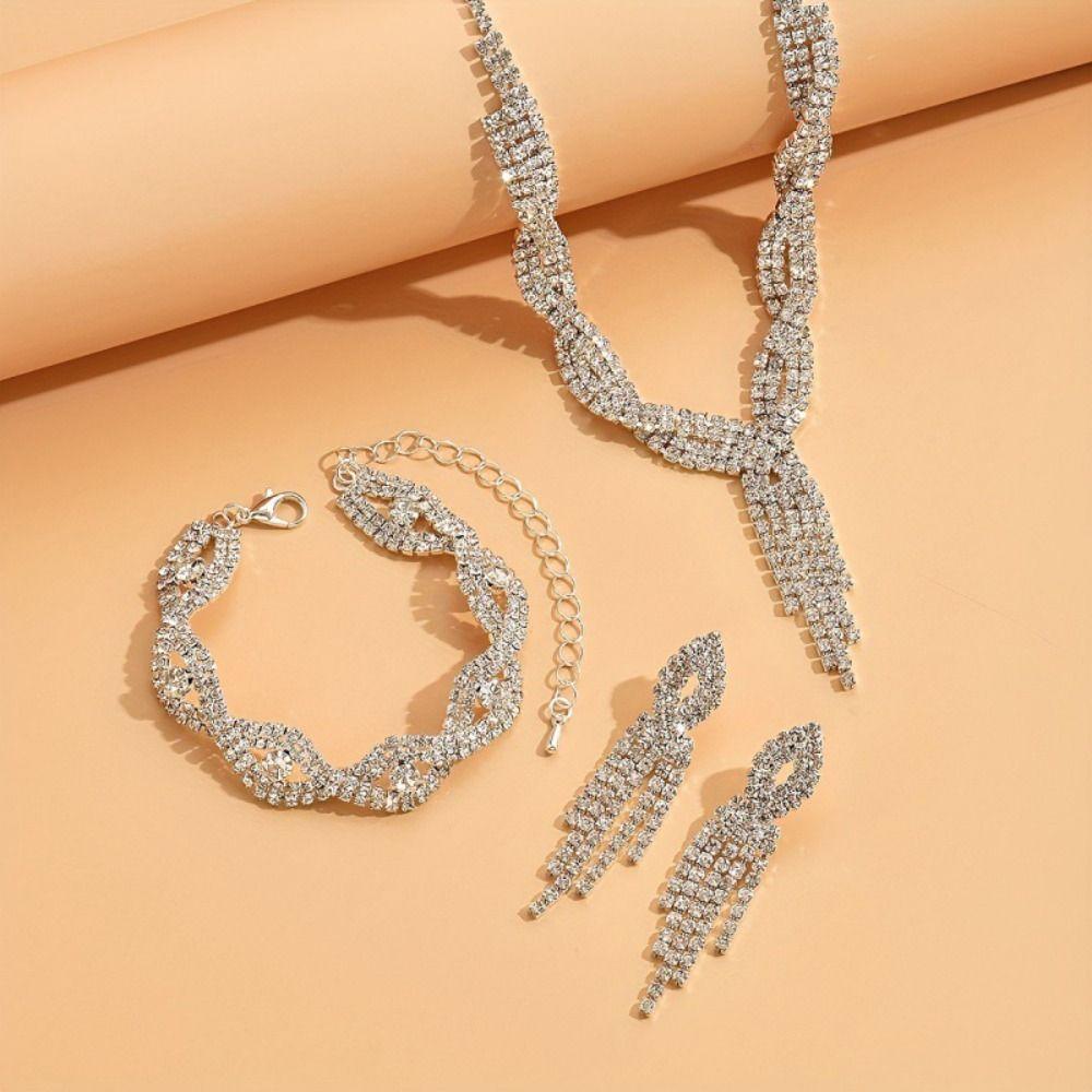 Rhinestones Necklace Earring Bracelet Set Shiny Wedding Jewelry Set Bridal Jewelry Set  Party