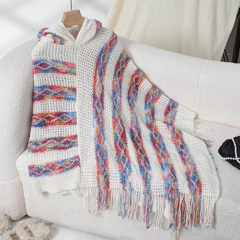 Women's Autumn and Winter Large Size Cover Color Striped Hooded Knitted Tassel Cape Loose Sweater Top for Women 6 Colors