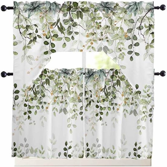 Kitchen Curtains Sets 24 Inch Length with Valance, Abstract Art Blue Leaves Branches Swag Valances for Windows and Tiers Curtain Set, Light Filtering