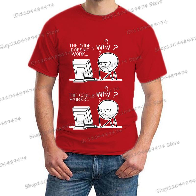 Креативный Программист Код Работает Почему Повседневная Футболка с Принтом Короткий Рукав Homme Футболка Хиппи Мода Уличная Одежда для Мужчин
