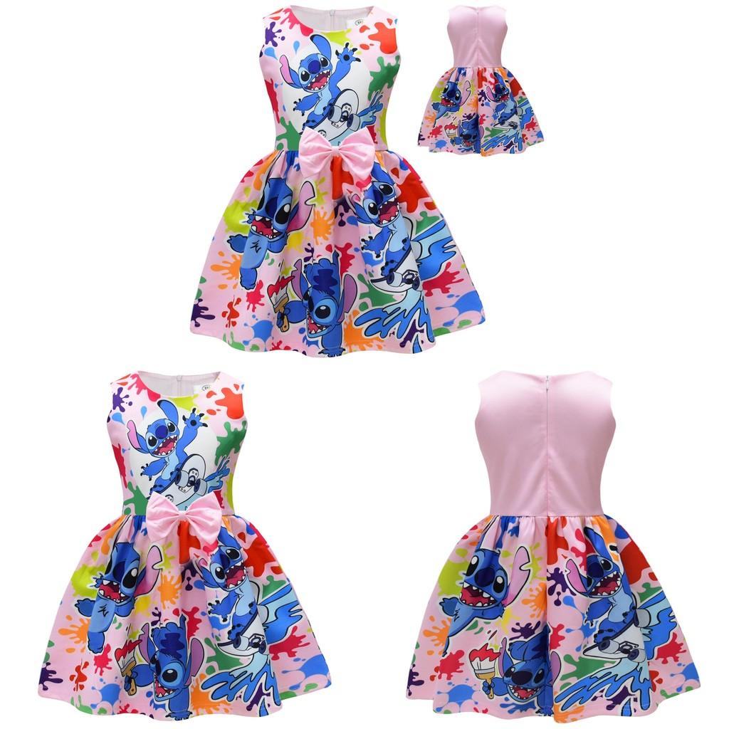 Lilo Stitch Girl Dress With Butterfly Bow Polyester Cotton For Spring Autumn Playtime