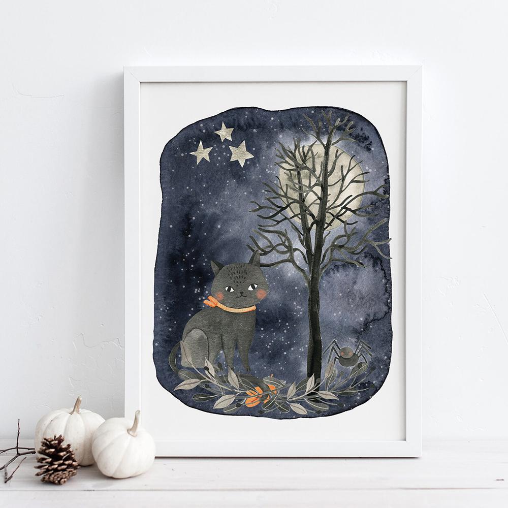 Bat and Jack Lantern Halloween Wall Art Canvas Painting Cute Black Cat And Ghost Poster Wall Picture for Kids Halloween Decor