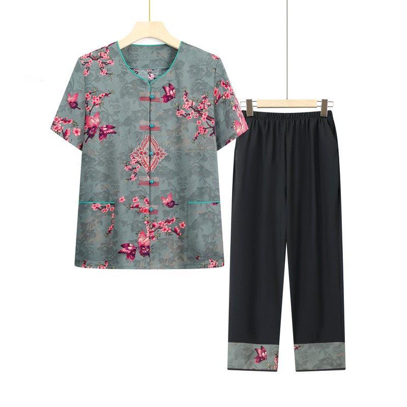 Летний комплект одежды для бабушки: Рубашка большого размера с рукавами средней длины для женщин среднего и пожилого возраста – Повседневный весенний наряд для мамы