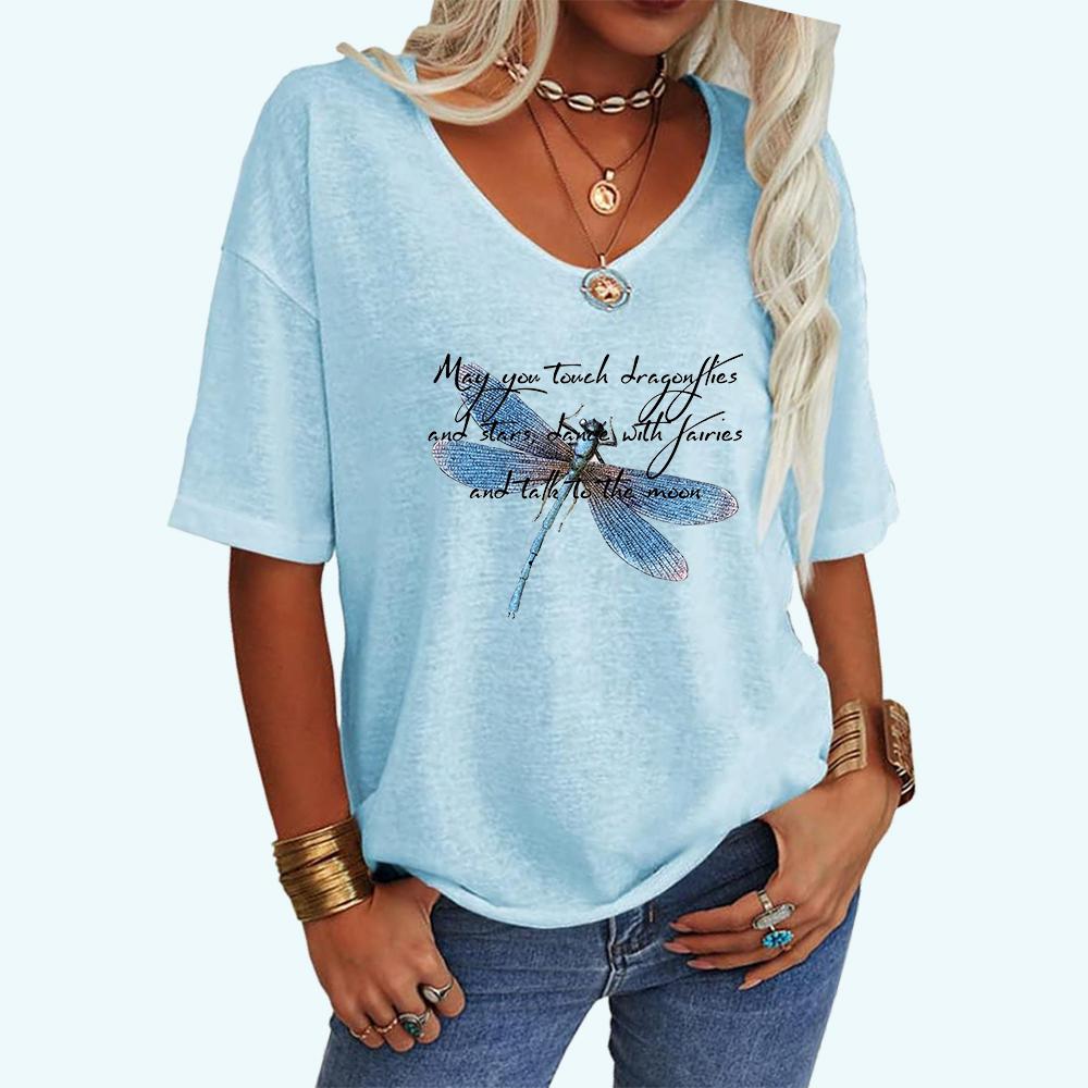 Женская модная свободная футболка с V-образным вырезом, летний топ с принтом стрекозы, короткий рукав, футболка