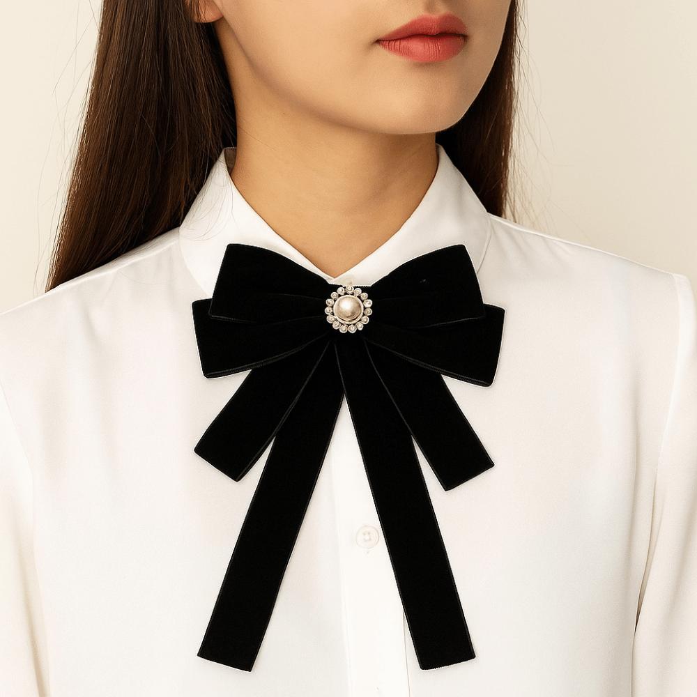 Simple Velvet Black Ribbon Pin Rhinestones Beads Black Bow Necktie Pin Pearl Funerals Memorial Pin Men