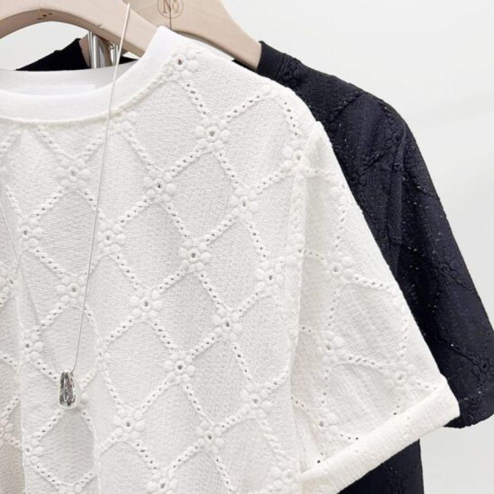 Mizqz Loose FiT Semi Crop Punching Lace T shirT 2color