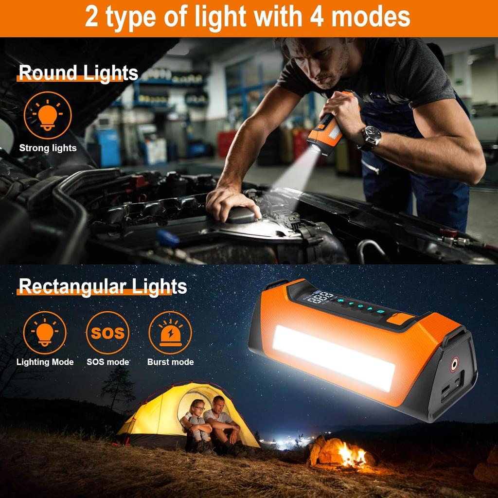 Car Jump Starter with Air Compressor, 800 Lumen LED Light and 180PSI Portable Battery Jump Box,12V Auto Tire Inflator Jumper Starter Combo LCD Display