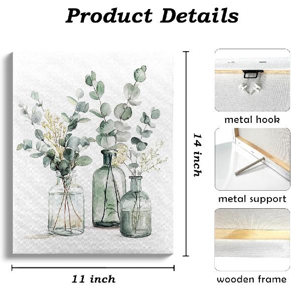 QICLM Sage Green Eucalyptus Framed Wall Art Poster, Farmhouse Bathroom Wall Decor, Sage Green Eucalyptus Plant Wall Prints for Home Bathroom Living