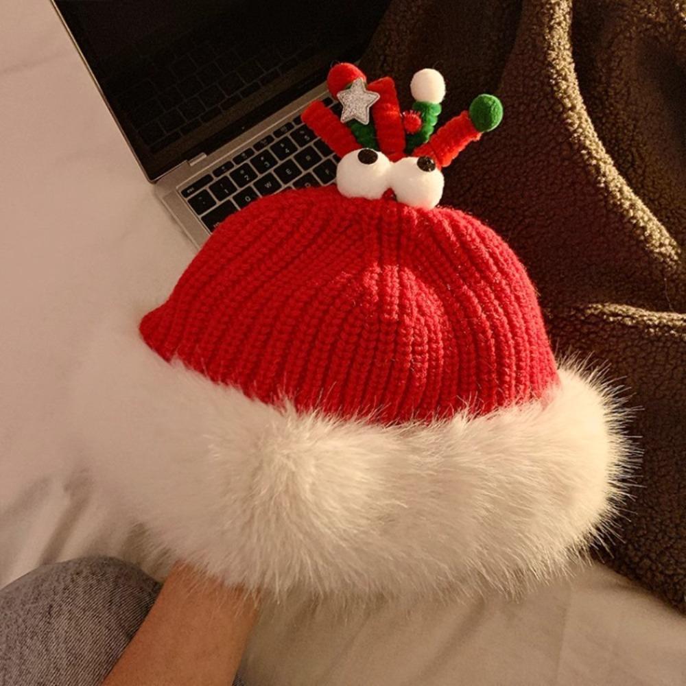 Soft Christmas Plush Cap Windproof Thickened Brimless Cap Versatile Red Knitted Woolen Hat Outdoor