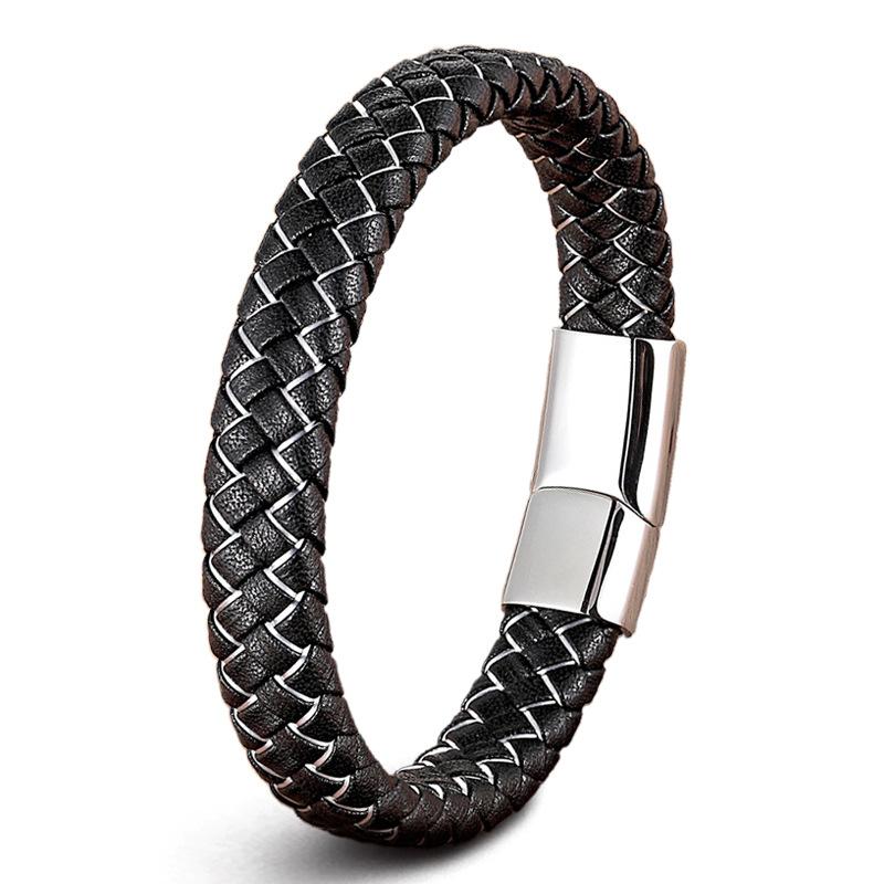Retro Hip Hop Stainless Steel Leather Woven Bracelet Simple Black Brown Magnetic Buckle Couple Bracelet Men's Everyday Casual Wear Jewelry Accessories