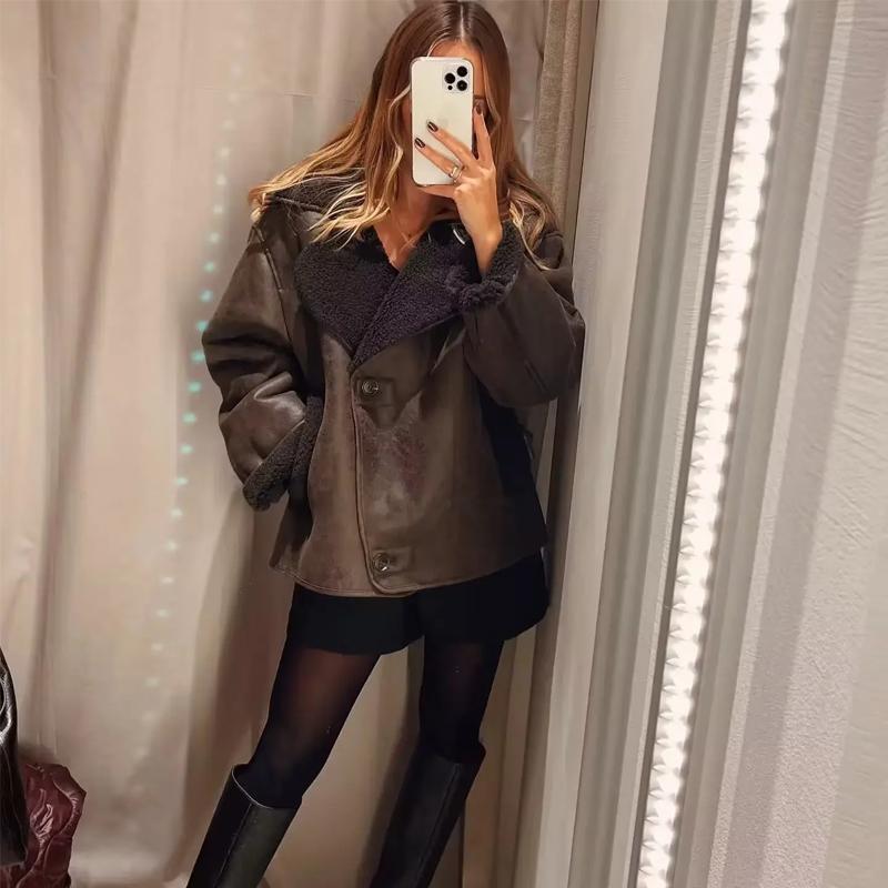 Thick Faux Leather Jackets for Women Autumn Winter Warm Jackets Woman Faux Wool Coats Long Sleeve Oversized Jacket