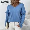 Solid Color V-neck Petal Sleeve Long Sleeve Pullover Women's Autumn and Winter Plus Size Knitwear