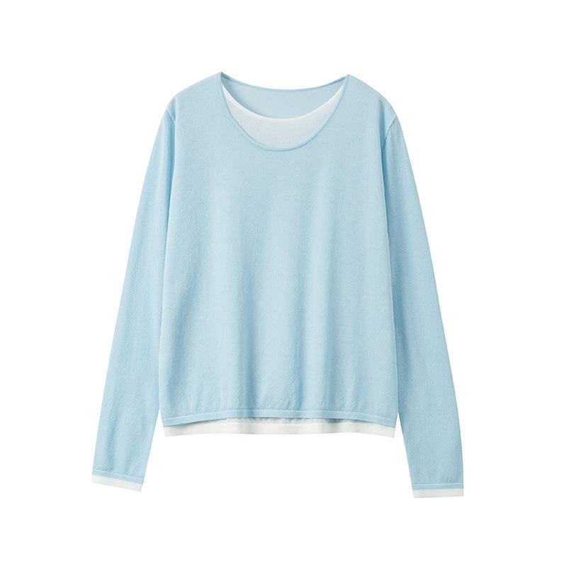 Контрастный цвет, имитация двойки, пуловер с круглым вырезом, вязаный свитер, женский летний тонкий с длинным рукавом, внутренний повседневный и тонкий базовый топ