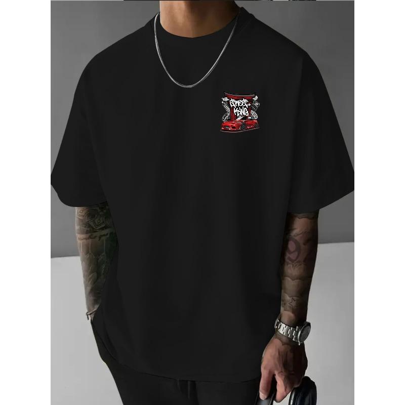 European Size Men Crew Neck T Shirt, Heavy Metal Racing Letter Front Back Print, Versatile Streetwear for Commute Office Home Leisure Daily Wear
