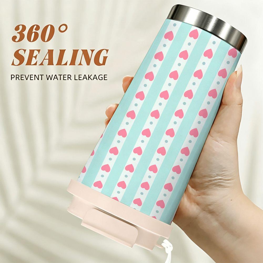 Cute Pink Hearts and Blue Stripes Pattern Insulated Coffee Tumbler Double Walled Vacuum Thermal Travel Cup Leakproof Mug for Gift School Office