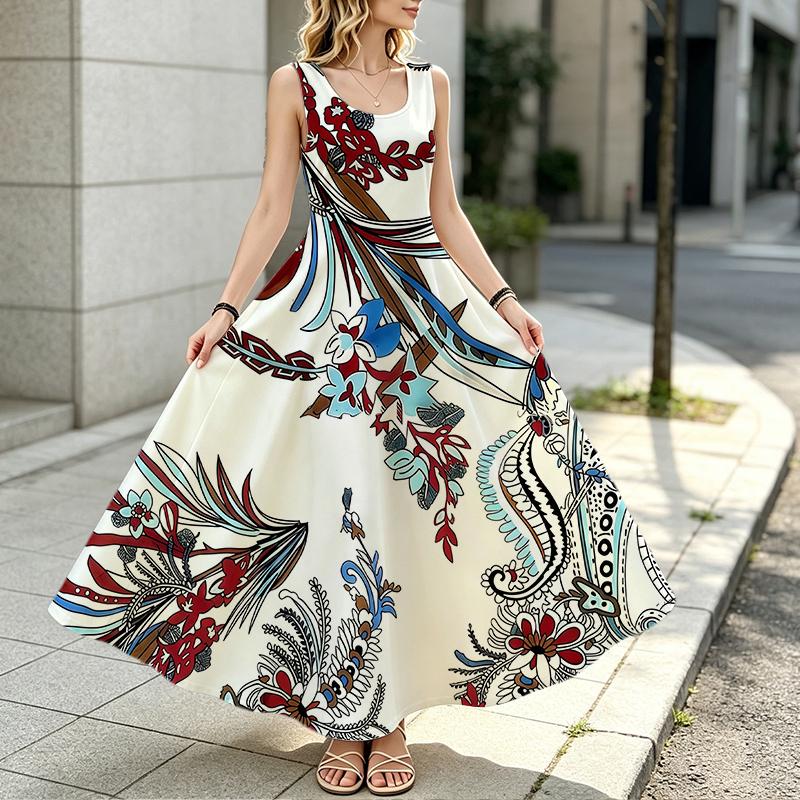 U-Neck Sleeveless Floral Maxi Dress,Lightweight Flowy Spring Fall Layering Dress,Elegant Women's Dress for Daily & Casual Occasions