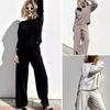 2 шт./комплект женский топ брюки костюм круглый вырез длинный рукав трикотажные сплошной