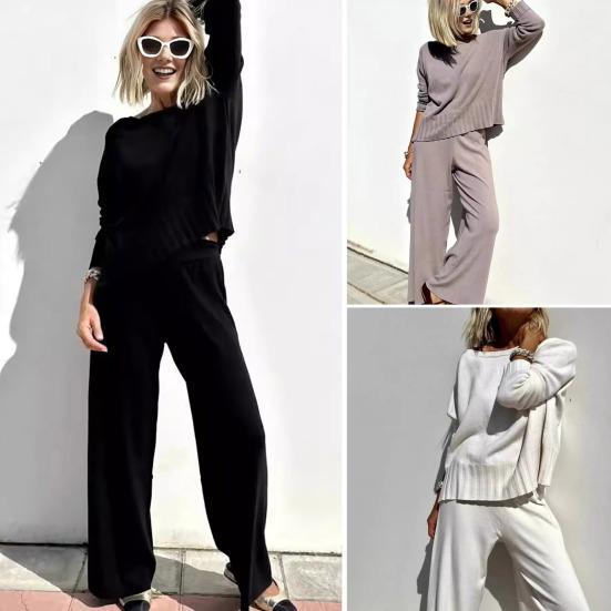 2 шт./комплект женский топ брюки костюм круглый вырез длинный рукав трикотажные сплошной