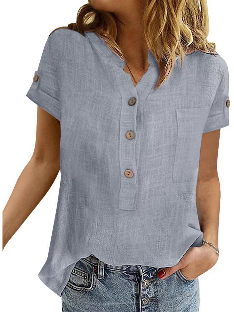 Women's Summer Retro Patchwork Cotton Linen V-Neck Button Short Sleeve Top