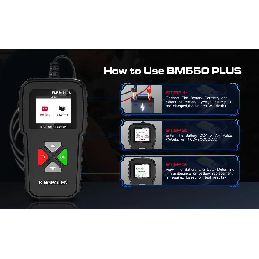 KINGBOLEN BM550 PLUS Car Battery Tester 6V 12V 24V LED Display 100-2000 CCA 2-200Ah Automotive Alternator Tester Digital Battery