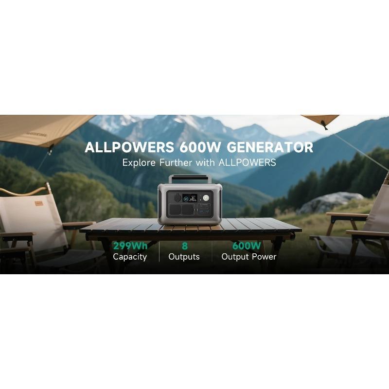 Портативная электростанция ALLPOWERS R600, 600 Вт, 299 Вт·ч, Солнечный генератор LiFePO4 с 2x600 Вт (Скачок мощности 1200 Вт) Розетка переменного тока для кемпинга, дома на колесах, дома
