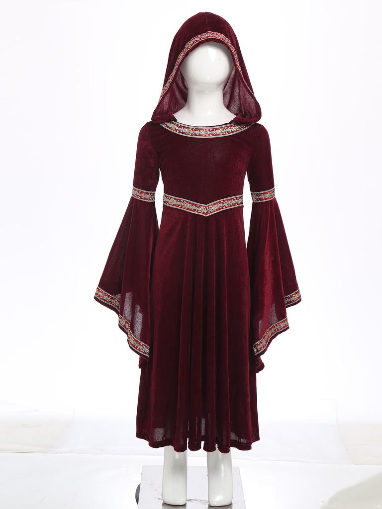 Детский халат принцессы на Хэллоуин для девочек: Полный средневековый костюм для косплея с капюшоном, рукавами-трубами и детальной вышивкой.