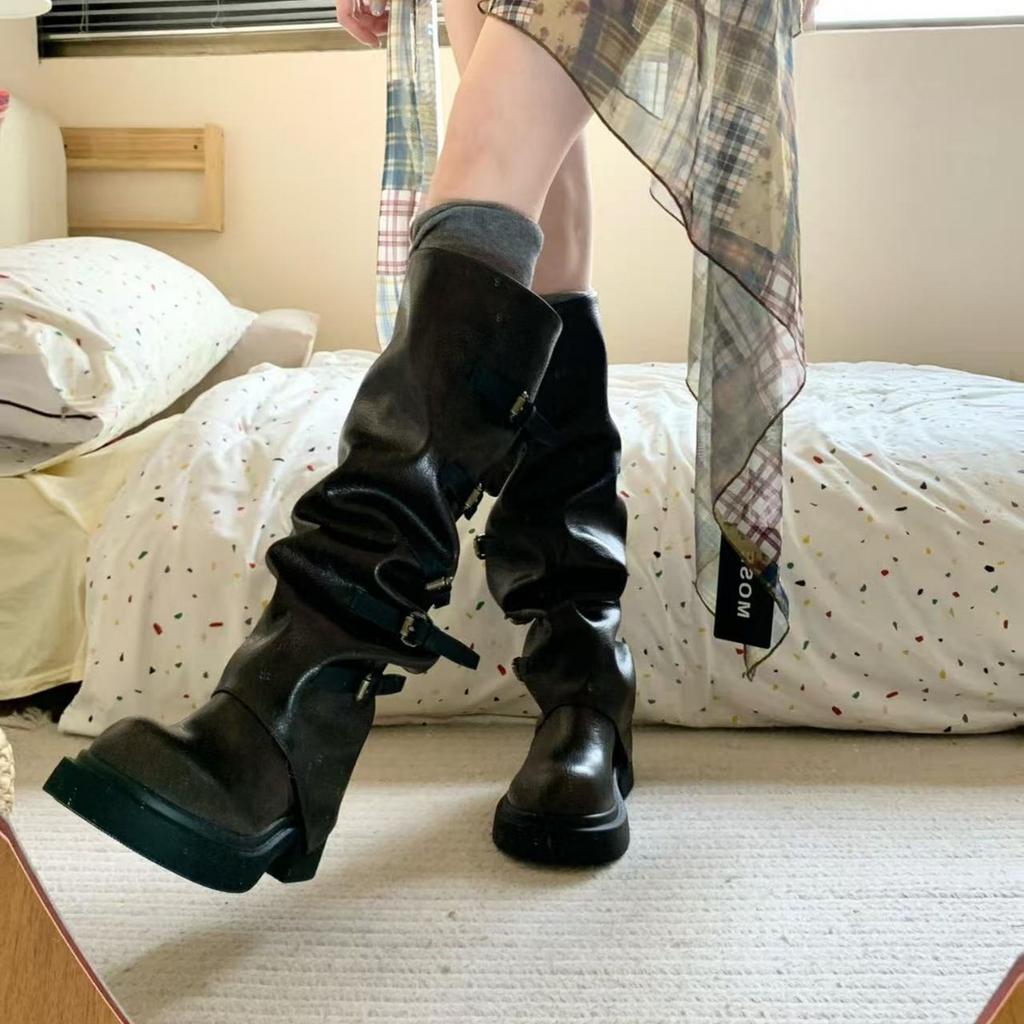 Punk Wasteland~ Tall Knight Boots Long Boots 2025 Autumn and Winter New Retro Pile Boots Fleece Pants Tube Boots Women