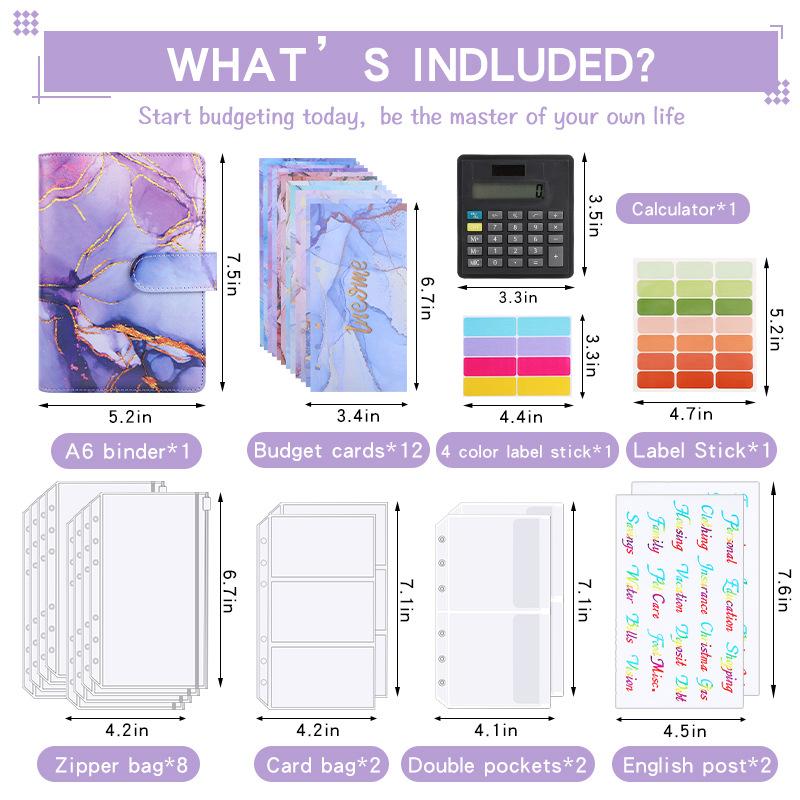 A6 Marble with Calculator Money Budget Planner Binder Zipper Envelopes Cash Envelopes For Budgeting Money Organizer Binder