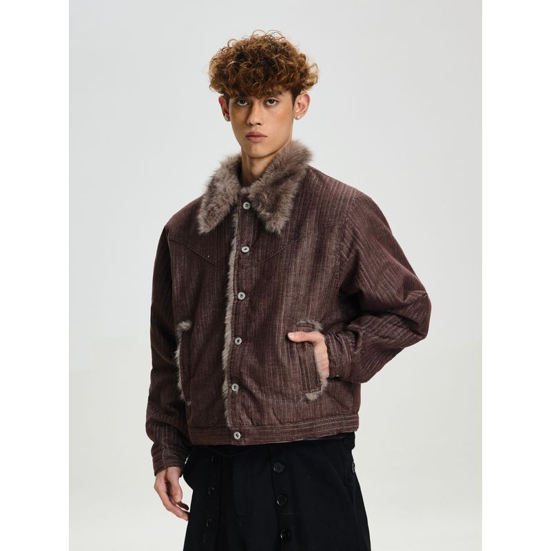 Cabbage Coke American Retro Thick Cotton Jacket for Men and Women, Loose Deconstructed Brushed High-End Fur Collar Coat