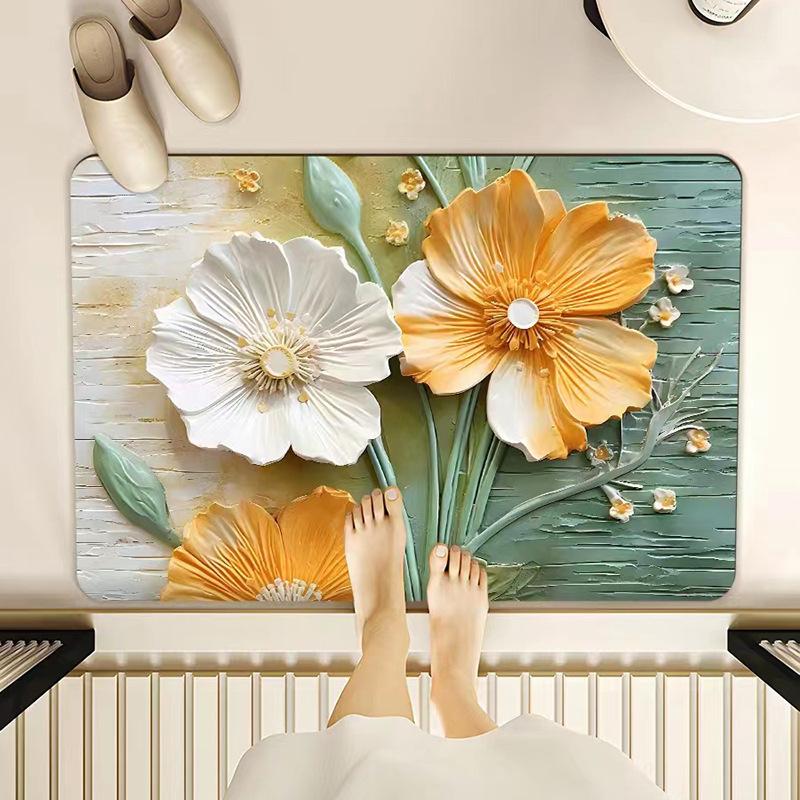 VIKAMA Floral Floor Mat Elegant Oil Painting Style Absorbent Anti-Slip Bathroom Foot Mat Entrance Foyer Carpet Home Decor