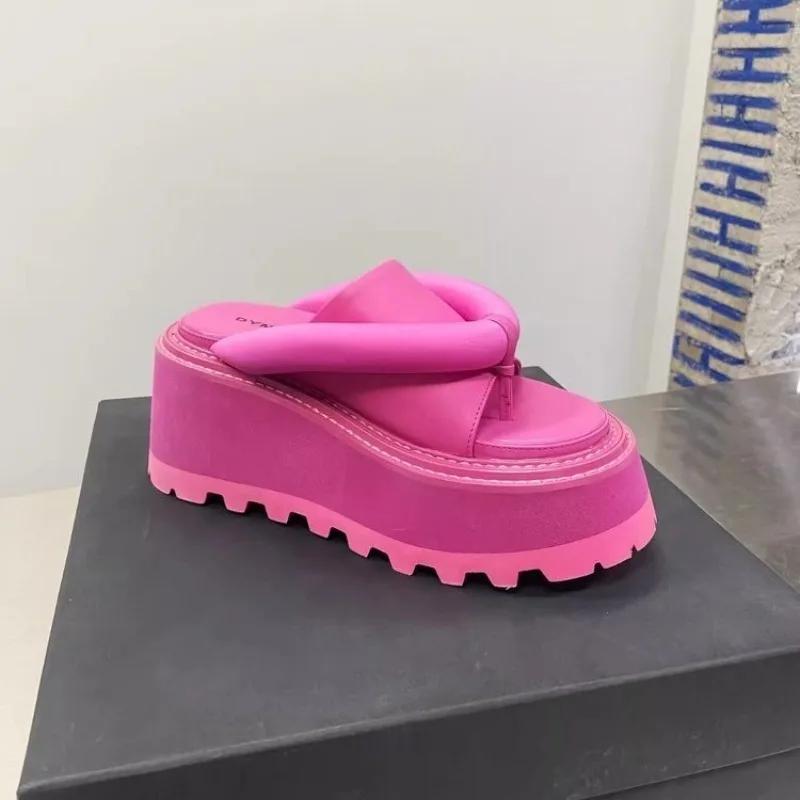 Женские шлепанцы Летние танкетки Круглый носок Женские сандалии Черный Розовый Высокие каблуки Платформа Платье Женские Шлепанцы Zapatillas De Mujer