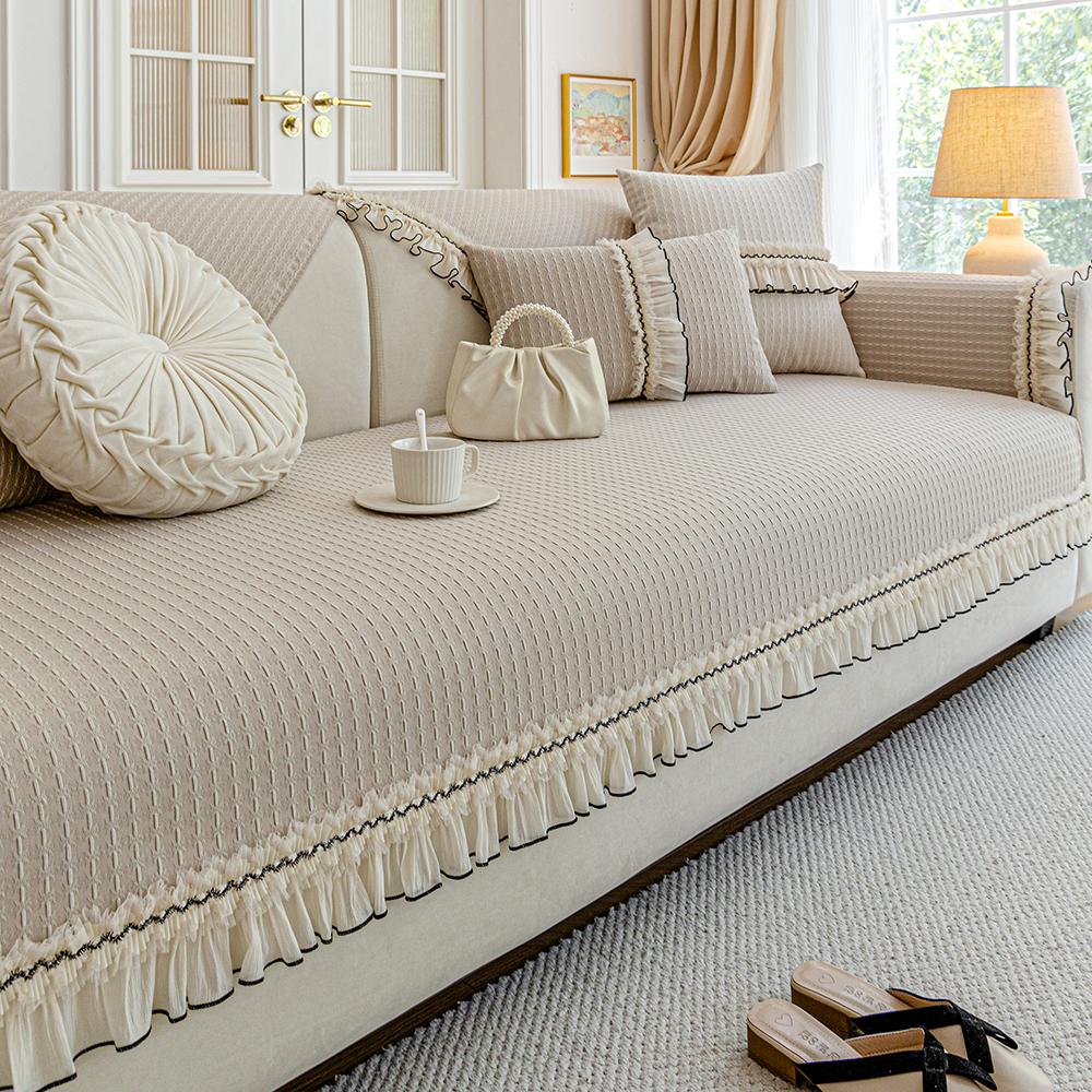 Modern Quilted Lace-Embellished Sofa Covers,Compatible with Various Sofa Types (Armchair, Loveseat, 3-Seater, 4-Seater Sectional