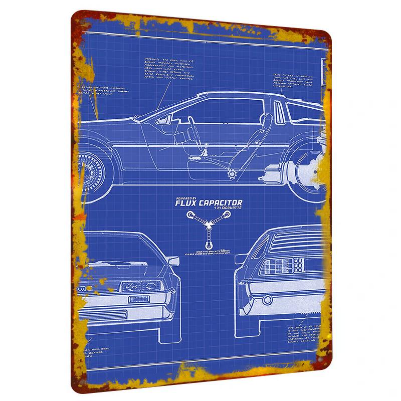 Back to the Future Classic Car Blueprint Metal Wall Art Creative Home Decor Living Room Study Retro Hanging Decoration