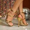 Women's Square Head Cross One Word with Ankle Strap Stiletto Sandals Women's Shoes Party Gold Heels
