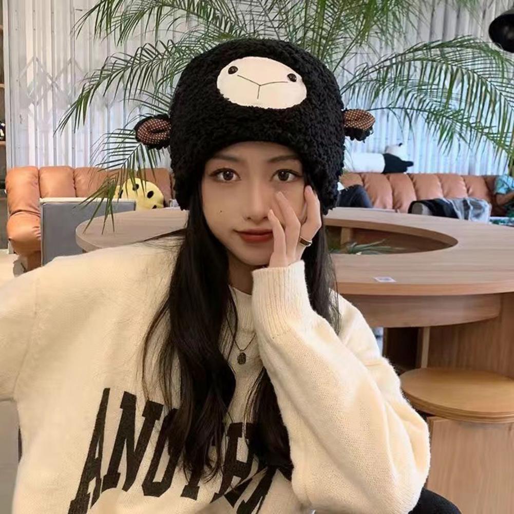 Lady Winter Hat Cartoon Lamb Head Shape Thick Fleece Ear Dome Heat Retention Outdoor Photo Prop Daily Cap