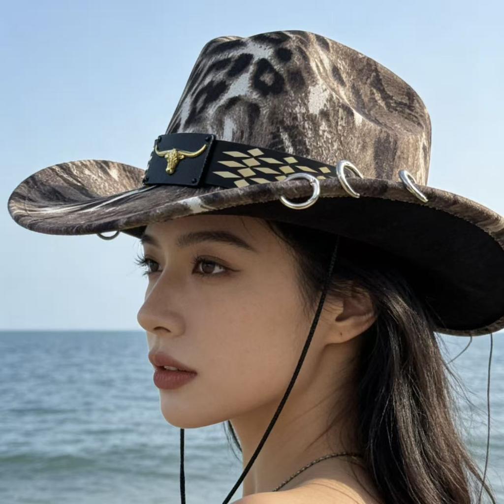 Summer leopard print big edge top hat cow head belt accessories pu cowboy hat women's sunshade sun American versatile hat