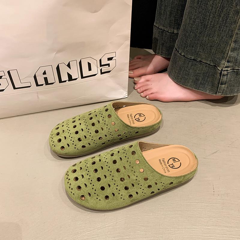 Ретро популярные шлепанцы на толстой подошве с полым носком, женская летняя обувь 2025, новые модели с юбками, нескользящими отверстиями и полупальцами