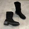 Fashion Classic Solid Black Suede Mid Calf Western Boots Women Brand Designer Medium Heel Riding Boots Sexy Pleated Silp On Winter Shoes