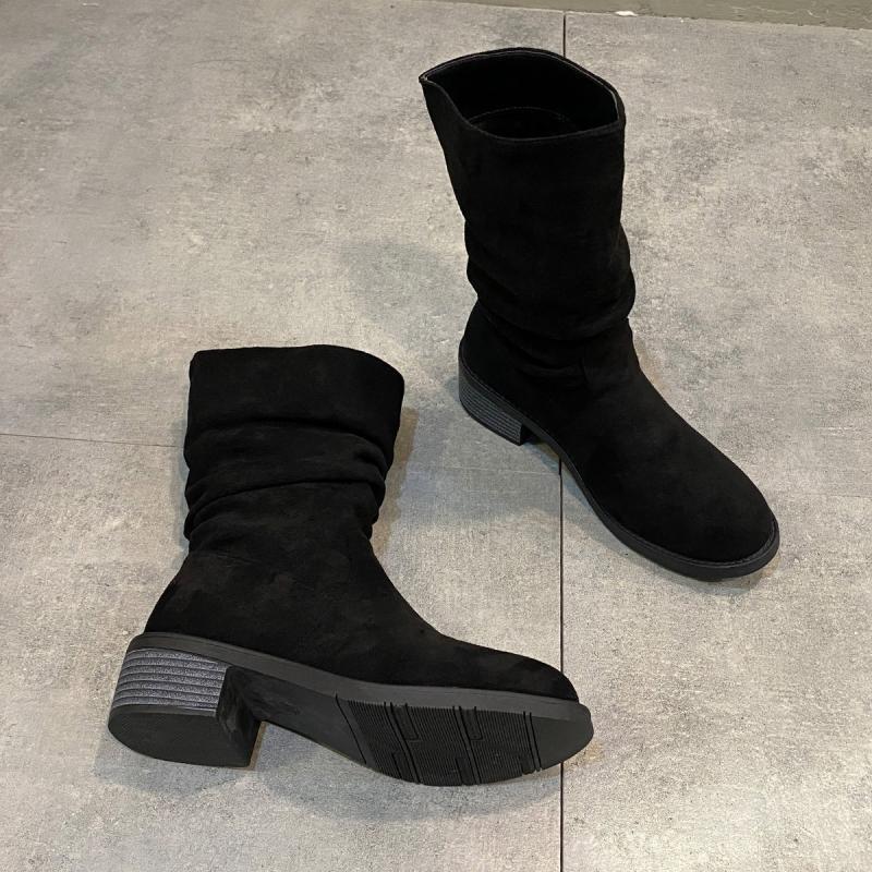 Fashion Classic Solid Black Suede Mid Calf Western Boots Women Brand Designer Medium Heel Riding Boots Sexy Pleated Silp On Winter Shoes