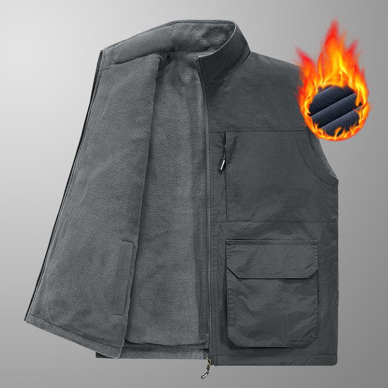 Зимний новый утолщенный двусторонний флисовый жилет на флисовой подкладке, свободный жилет больших размеров с несколькими карманами для мужчин