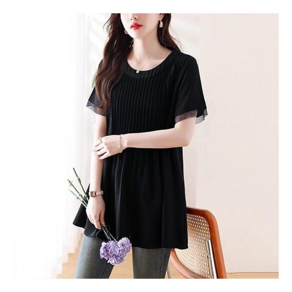 Navava Women Vintage Pleats Round Neck Short Sleeve Blouse Nb2199