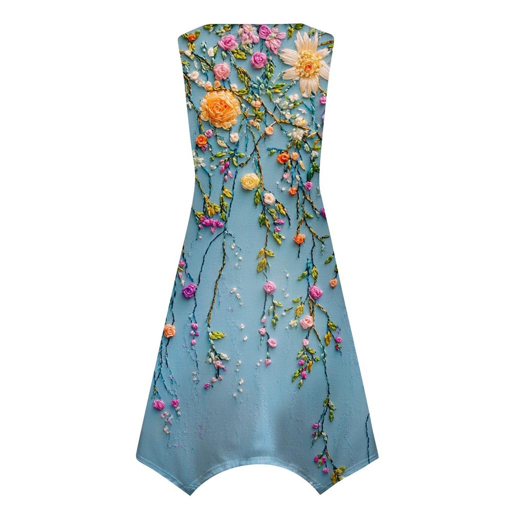 Женское повседневное модное платье средней длины с круглым вырезом без рукавов с винтажным цветочным принтом и неровным подолом