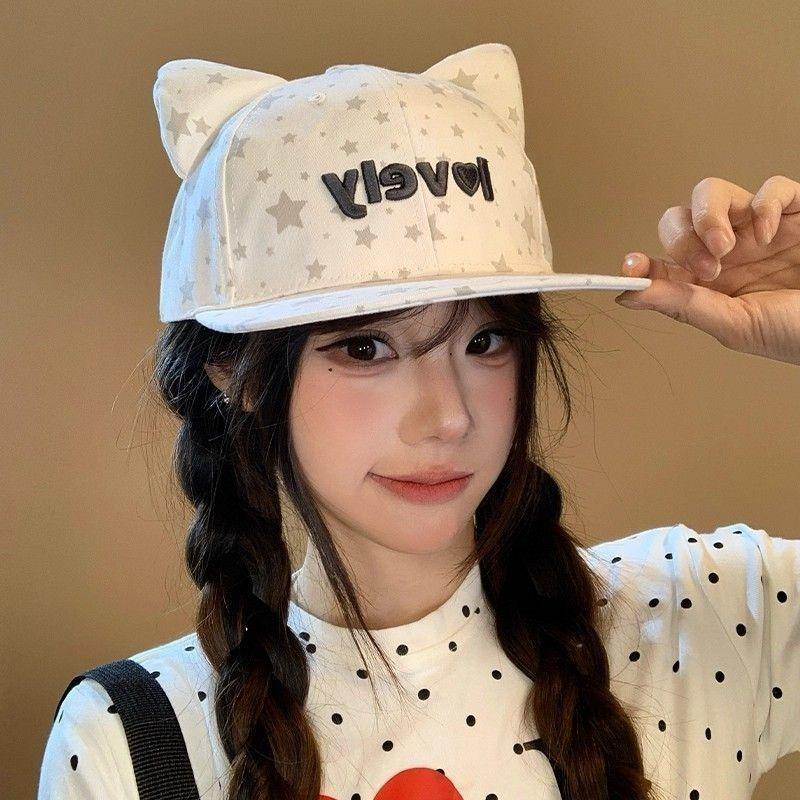 Trendy Flat Brim Baseball Cap with Cute Cat Ear Decor for Girls Cool Streetwear Headwear Unique Novelty Design Slim Face Shaping