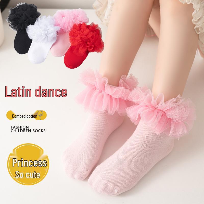 Children's Dance Socks - Pure Cotton Lace Socks for Girls, Black & White Latin Dance Styles for Spring & Autumn