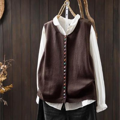 Women Vintage Pullover Sweaters Solid Color O-Neck Sleeveless Knitted Autumn Loose Casual Sweaters