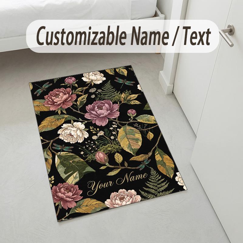Floral Garden Theme Crystal Velvet Rug Personalized Custom Name Text Soft Floor Mat Home Decor