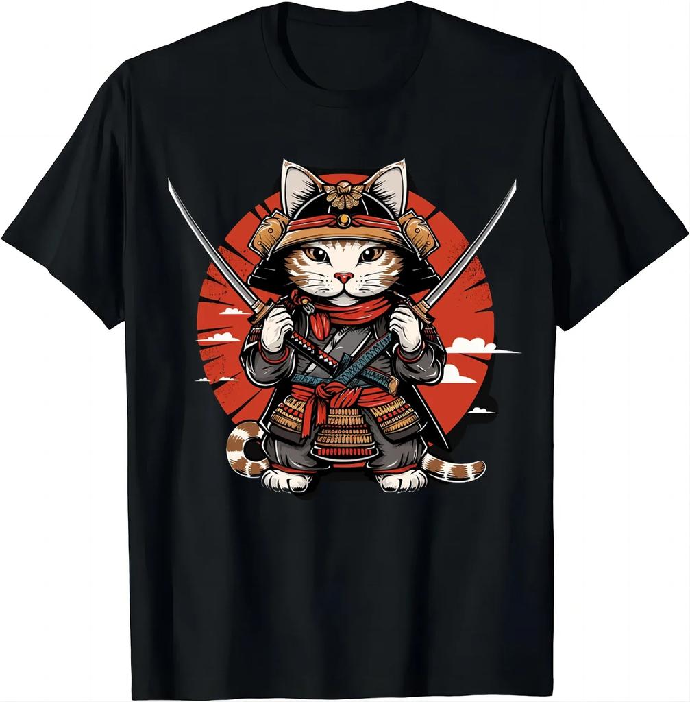 Japanese Samurai Cat Graphic T Shirt for Unisex 100 Cotton Ninja Cat Anime Style Casual Short Sleeve Black Top 2026 New