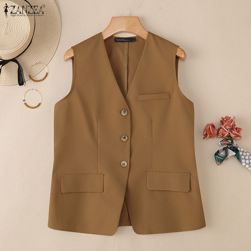 ZANZEA Женский повседневный кардиган-жилет без рукавов с V-образным вырезом и свободной посадкой